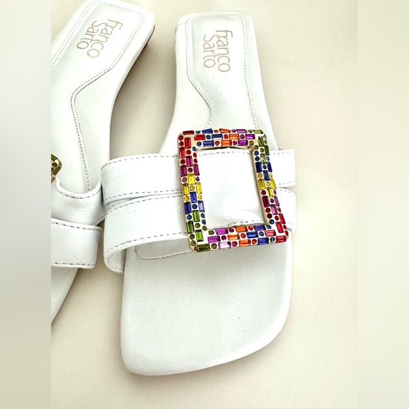 Franco Sarto Capri White Slide Sandals 6.5 Rainbow Crystal Buckle Designer Flats - Picture 2 of 10